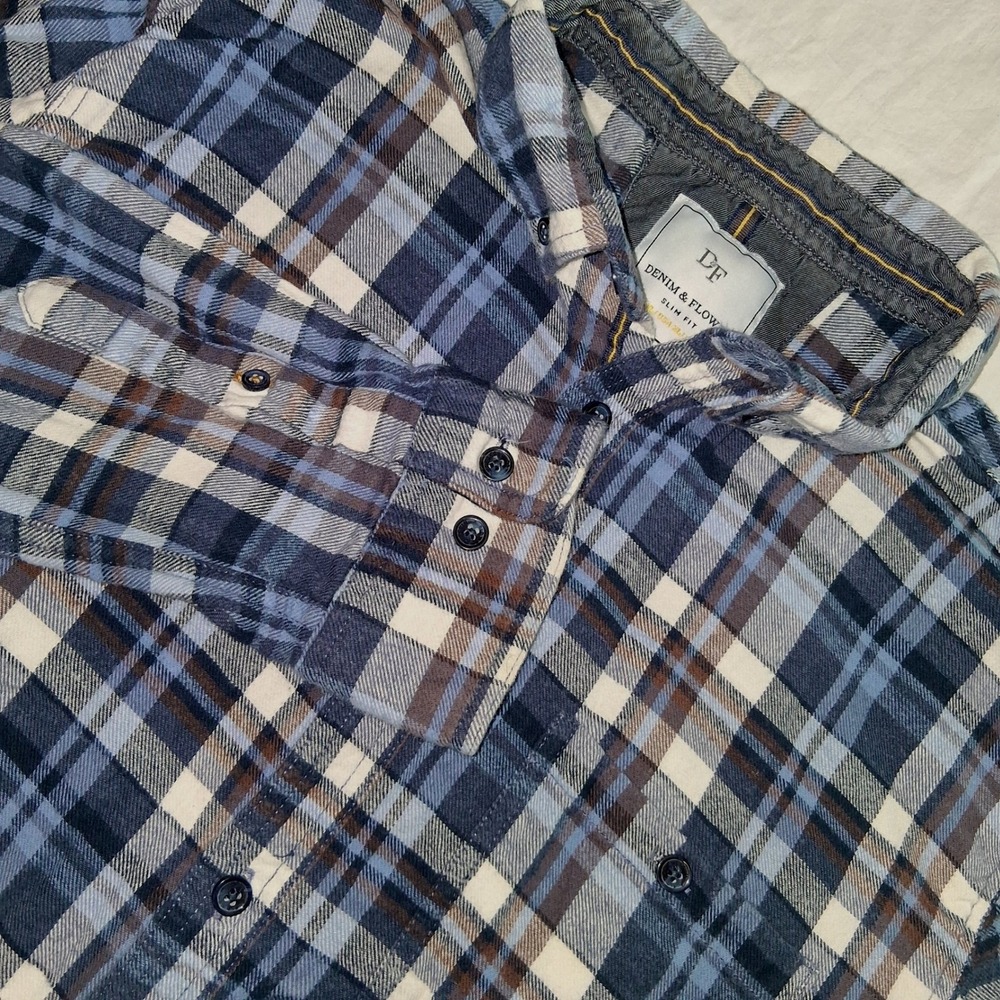 DENIM & FLOWER Men's Blue Plaid Long Sleeve Button Up Shirt Casual Top‎ XL